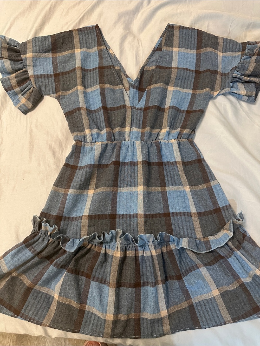 Plaid Ruffle Hem Dress in Blue and Gray